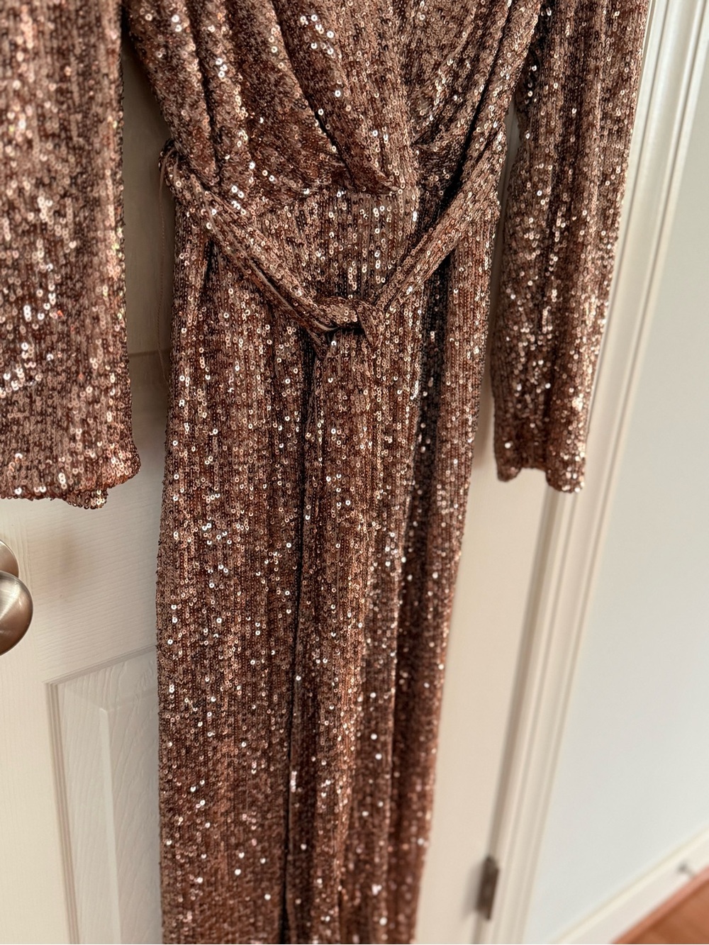 Alex Marie Rose Gold Sequin Jumpsuit Size 8 Belted Wide Leg Formal - Picture 6 of 16